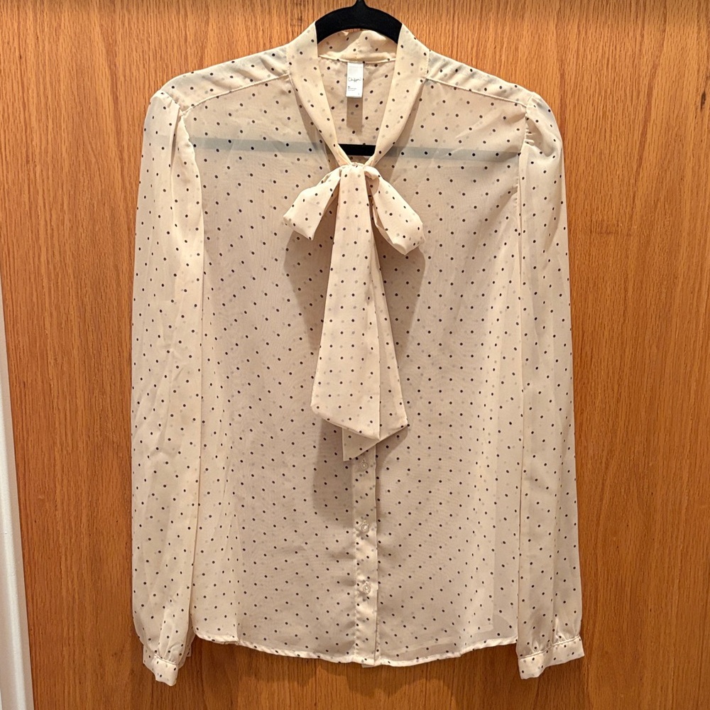 American Apparel Ivory Tie-Neck Polka Dot Blouse